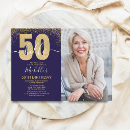 Hello 50! - Modern 50TH Birthday with photo Inbjudningar