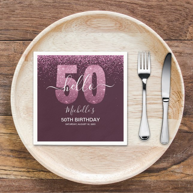 Hello 50! - Modern 50th Birthday with Pink glitter Pappersservett (Skapare uppladdad)