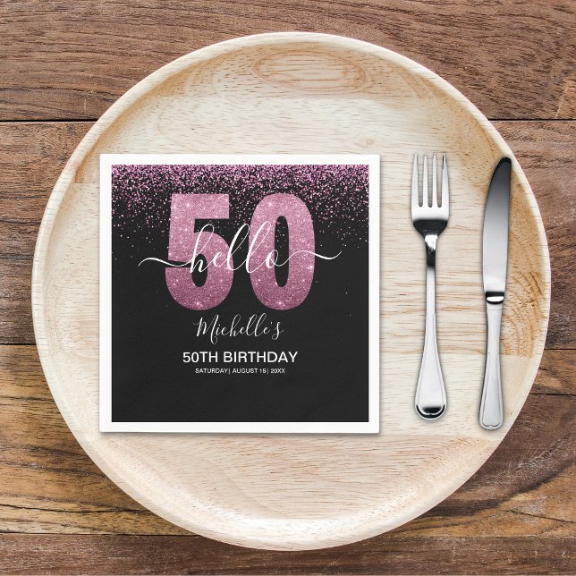 Hello 50! - Modern 50th Birthday with Pink glitter Pappersservett (Skapare uppladdad)