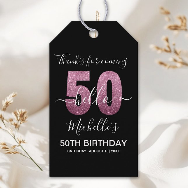 Hello 50! Modern 50th Birthday with Pink Glitter Presentetikett (Skapare uppladdad)
