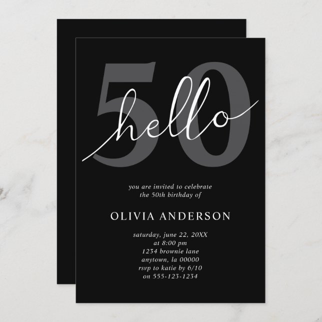 Hello 50 | Modern Chic Black 50th Birthday Party Inbjudningar (Fram/baksida)