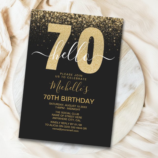 Hello 70! modern 70th birthday with gold glitter  inbjudningar (Skapare uppladdad)