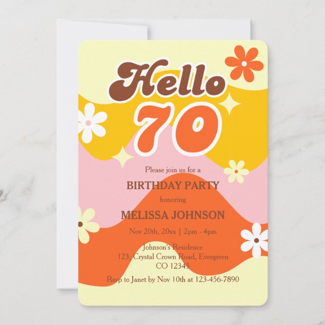 Hello 70 Retro Wave Groovy Flower Birthday  Inbjudningar (Framsida)