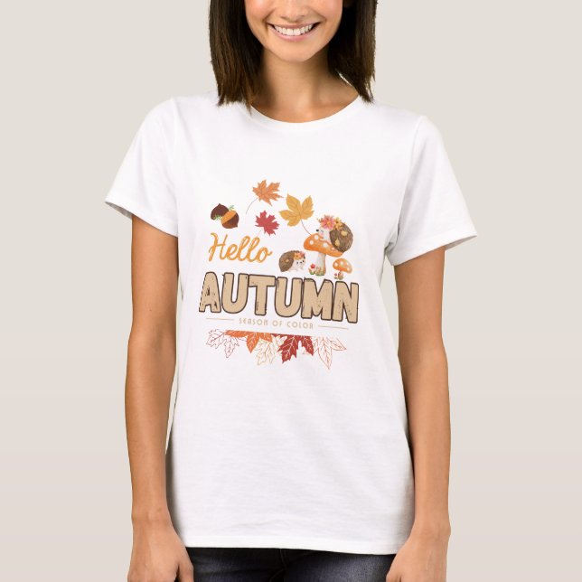 Hello Autumn – Cute Hedgehog &  Fall Desig T Shirt (Framsida)