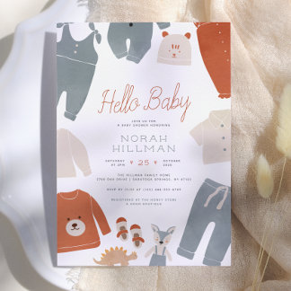 Hello Baby | Blå Boho Kläder Pojke Baby Shower Inbjudningar