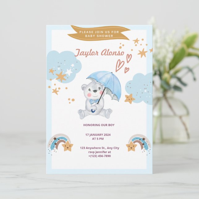 Hello Baby | Blå Teddybjörn Bebis Shower Inbjudningar (Stående Fram)
