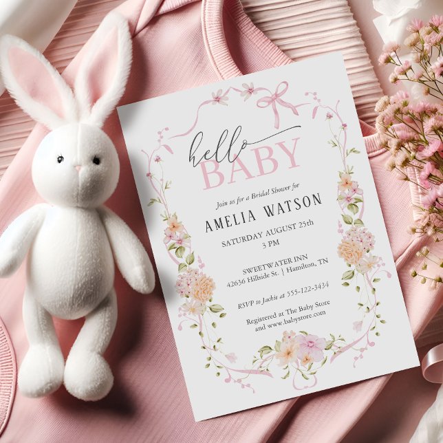 Hello Baby Blush Pink Floral Pink Bow Baby Shower Inbjudningar (Hello Baby Blush Pink Floral Pink Bow Baby Shower Invitation)