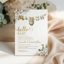 Hello Baby Botanical Clothes Neutral Baby Shower Inbjudningar
