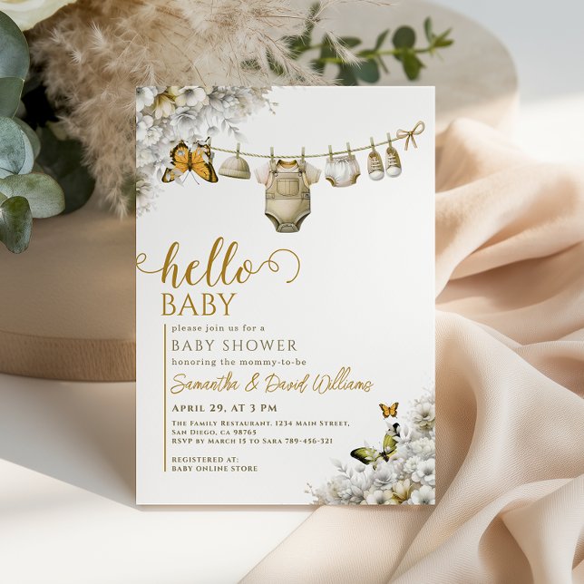 Hello Baby Botanical Clothes Neutral Baby Shower Inbjudningar (Skapare uppladdad)