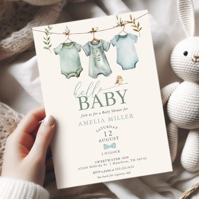 Hello Baby Boy Clothesline Boho Baby Shower Inbjudningar (Hello Baby Boy Clothesline Boho Baby Shower Invitation)