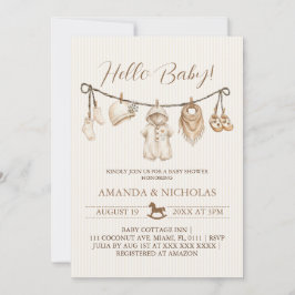 Hello Baby Clothesline Baby Shower Striped Inbjudningar