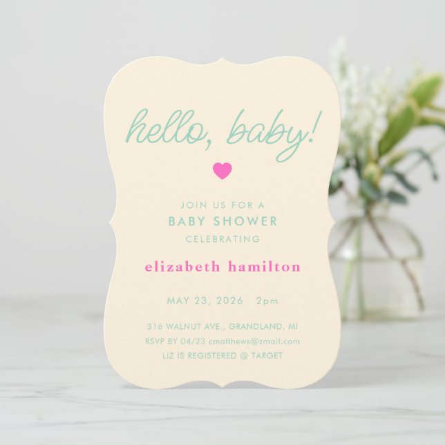 hello baby! Cream, Green Baby Shower Invitation Inbjudningar (Stående Fram)