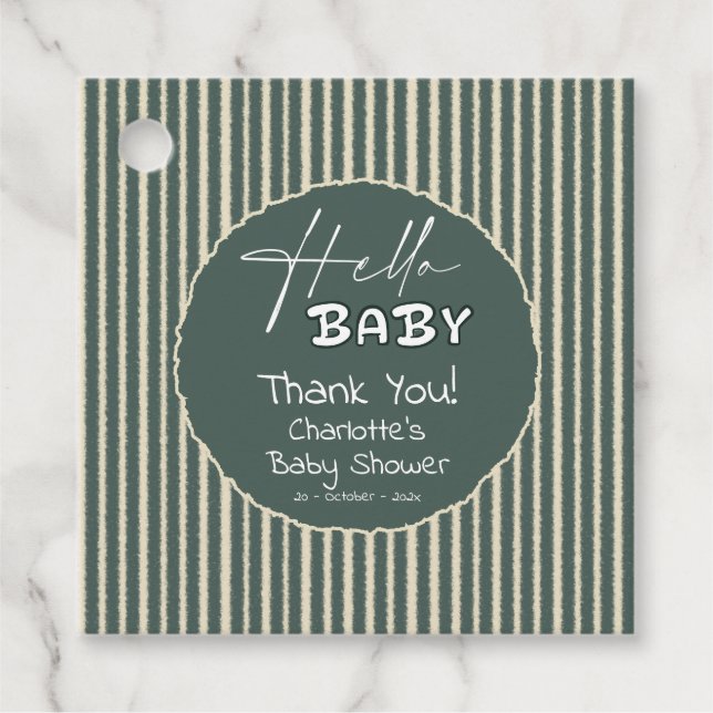 Hello Baby Dark Green Stripes Baby Shower Gåvor Etiketter (Framsida)