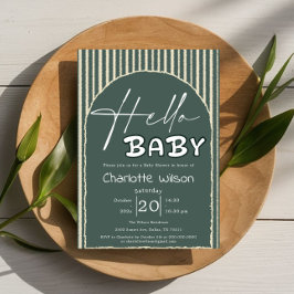 Hello Baby Dark Green Stripes Baby Shower Inbjudningar