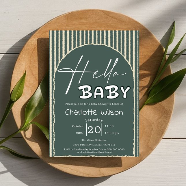 Hello Baby Dark Green Stripes Baby Shower Inbjudningar (Skapare uppladdad)