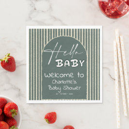 Hello Baby Dark Green Stripes Baby Shower Pappersservett