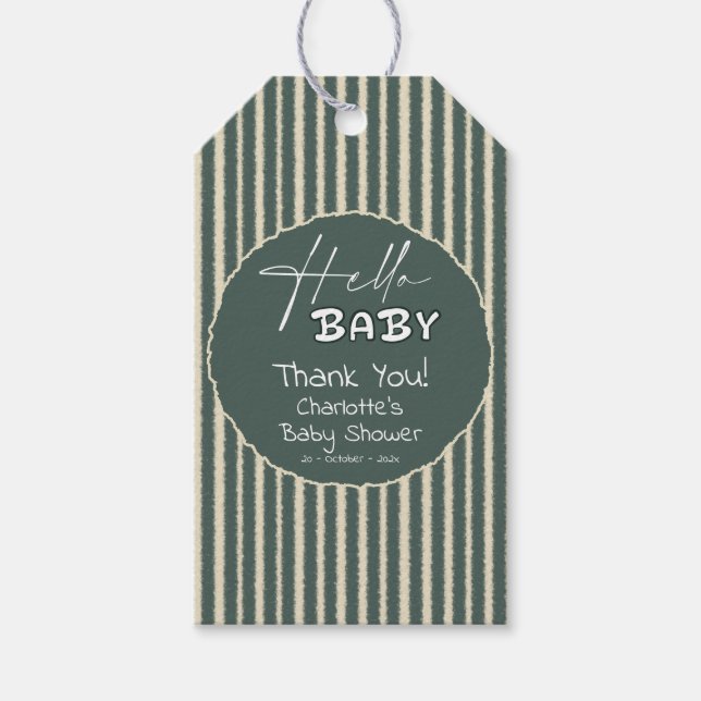 Hello Baby Dark Green Stripes Baby Shower Presentetikett (Framsidan)