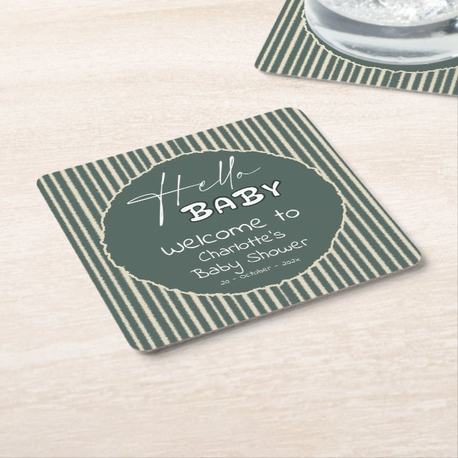 Hello Baby Dark Green Stripes Baby Shower Underlägg Papper Kvadrat (Vinklad)