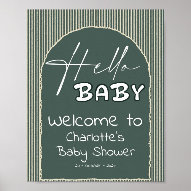 Hello Baby Dark Green Stripes Baby Shower Welcome Poster (Framsidan)