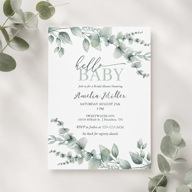 Hello Baby Eukalyptus Grönska Neutral Bebis Shower Inbjudningar (Hello Baby Eucalyptus Greenery Neutral Baby Shower Invitation)