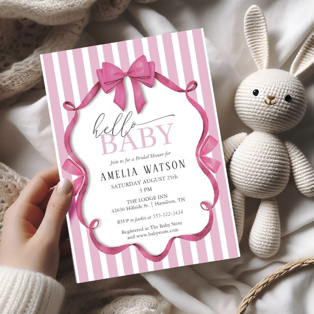 Hello Baby Pink Striped Bow Baby Shower Inbjudningar (Hello Baby Pink Striped Bow Baby Shower Invitation)