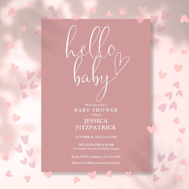 Hello Baby Script Dusty Rose Rosa Flickor Bebis Be Inbjudningar (Hello Baby Script Dusty Rose Pink Girl Baby Shower Invitation)
