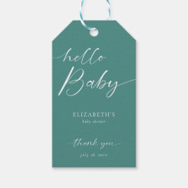 Hello Baby Shower Modern Skrift Teal Elegant Presentetikett