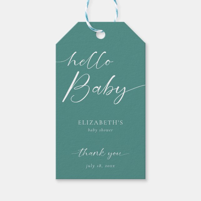 Hello Baby Shower Modern Skrift Teal Elegant Presentetikett (Framsidan)