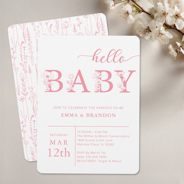 Hello Baby Wildflower Baby Shower Invitation Inbjudningar (Pink Floral Baby Shower Invitation - Hello Baby)