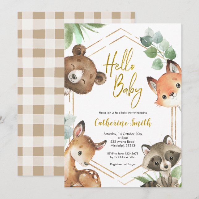 Hello Baby Woodland Baby Shower Inbjudan (Fram/baksida)