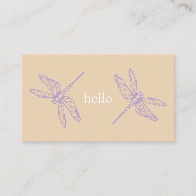 Hello beige rustic dragonflies insect illustration visitkort (Framsida)