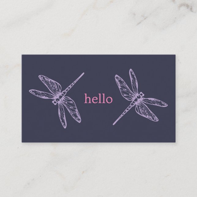 Hello blue purple dragonflies insects illustration visitkort (Framsida)