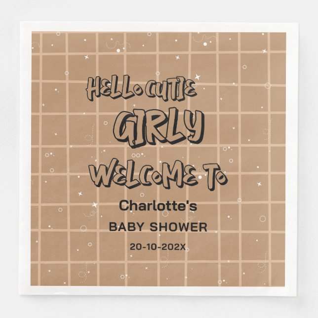 Hello Cutie Girly Cute Brown Gingham Baby Shower Pappersservett (Framsida)