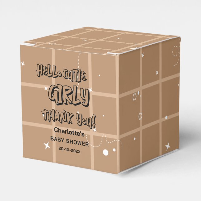 Hello Cutie Girly Cute Brown Gingham Baby Shower Presentaskar (Framsidan Sidan)