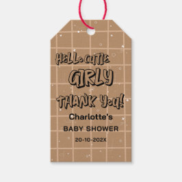 Hello Cutie Girly Cute Brown Gingham Baby Shower Presentetikett