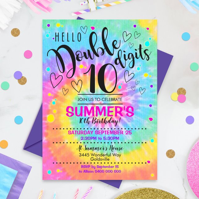 Hello Double Digits Festinladning Tie Dye 10-årsfi Inbjudningar (Hello Double Digits Party Invitation)