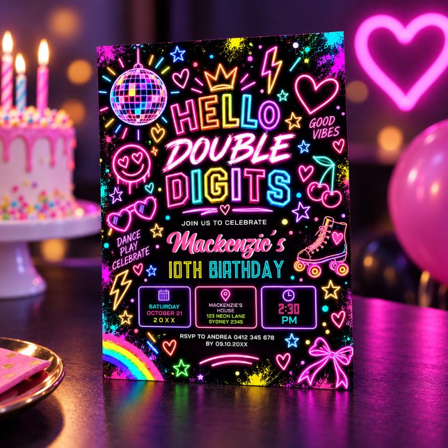 Hello Double Digits: Retro Neon Glow 10-årsfest Inbjudningar (Skapare uppladdad)