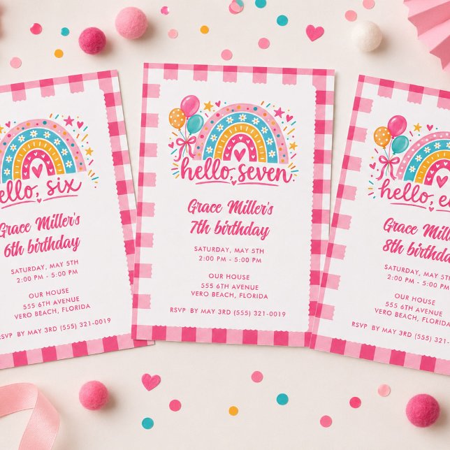 Hello Eight Flickas Gingham Regnbåge Födelsedagsfe Inbjudningar (Hello Eight Girl's Gingham Rainbow Birthday Party Invitation)