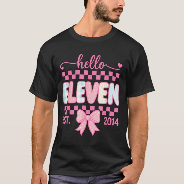 Hello Eleven Est 2014 Coquette Bow Happy 11th Birt T Shirt (Framsida)