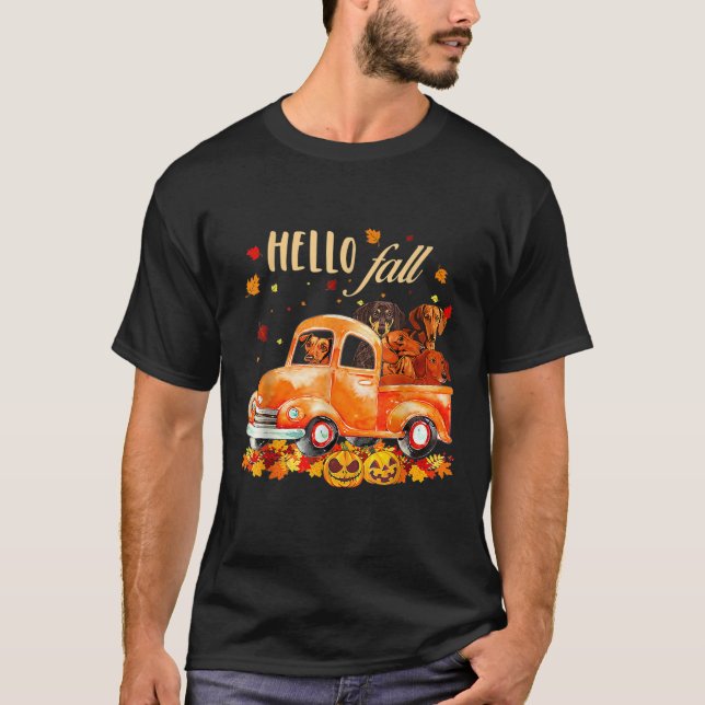Hello Fall Funny Dachshund  Halloween pumkin  T Shirt (Framsida)