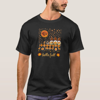 hello fall Funny Gnomes Holding Pumpkin Riding Tru T Shirt