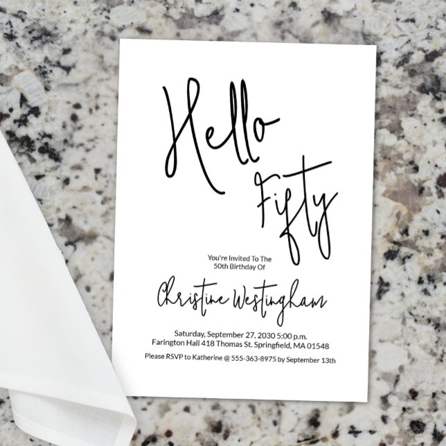Hello Fifty Black White Script 50th Birthday Inbjudningar (Skapare uppladdad)