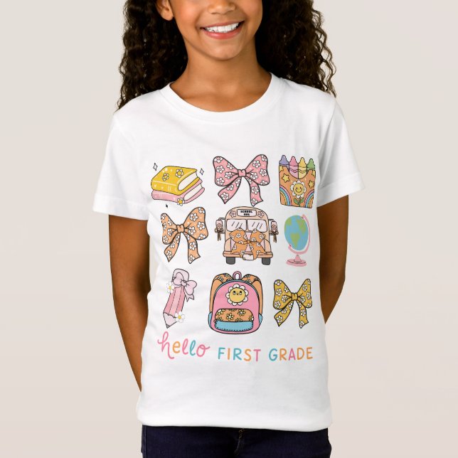 Hello First Grade Back To School Coquette Bow T Shirt (Framsida)