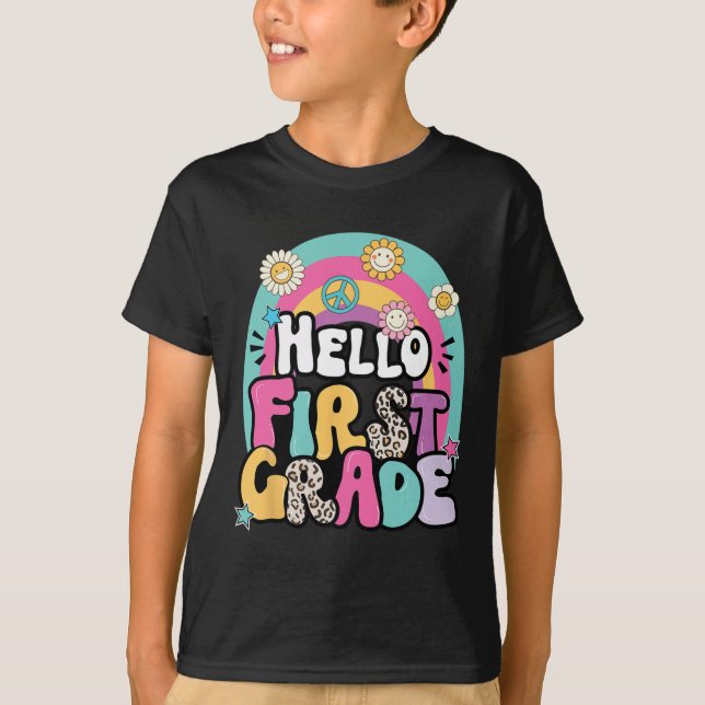 Hello First Grade Byck To School Teacher First Day T Shirt (Framsida)