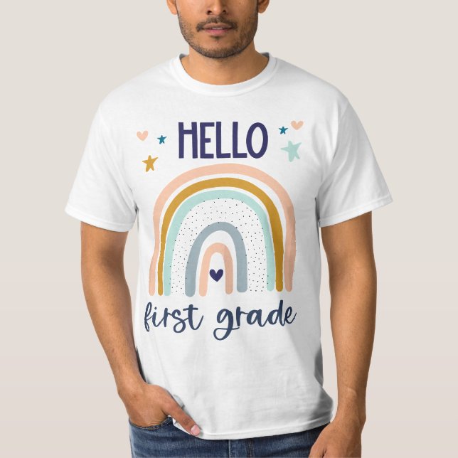Hello First Grade Retro Rainbow Cute for Teaher Gi T Shirt (Framsida)
