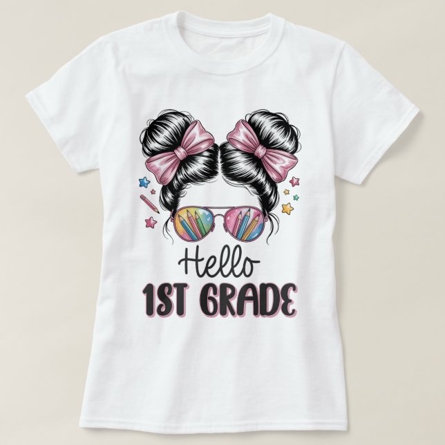 Hello First Grade Teacher Coquette Pencil Bow T Shirt (Design framsida)