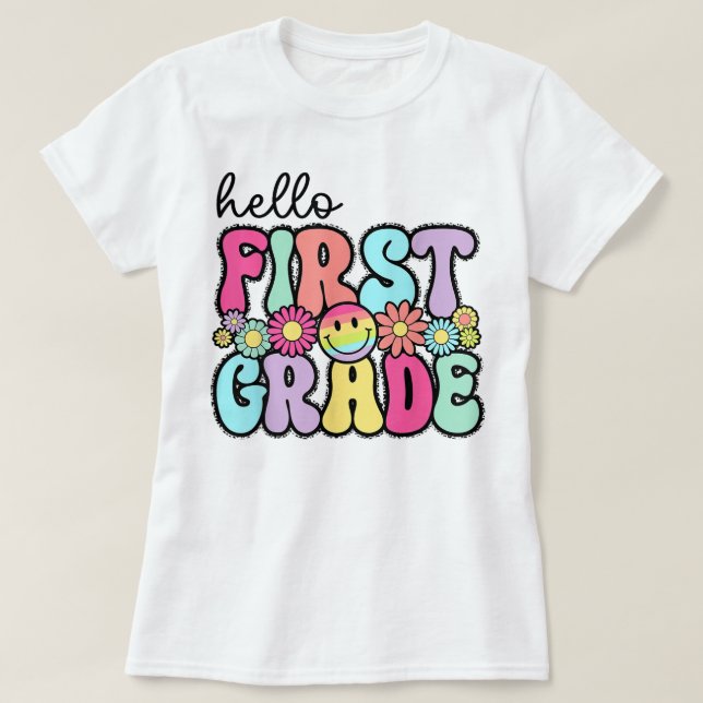 Hello First Grade Teacher Coquette Pencil Bow T Shirt (Design framsida)