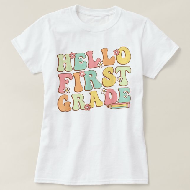 Hello First Grade Teacher Coquette Pencil Bow T Shirt (Design framsida)