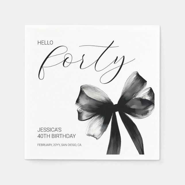 Hello Forty Elegant Script Bow 40th Birthday Party Pappersservett (Framsidan)