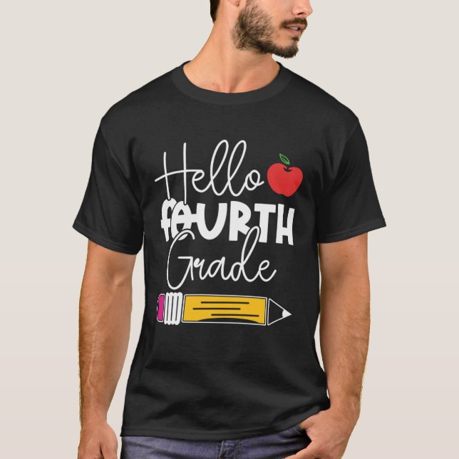 Hello Fourth Grade Pencil Apple Back to School Tea T Shirt (Framsida)